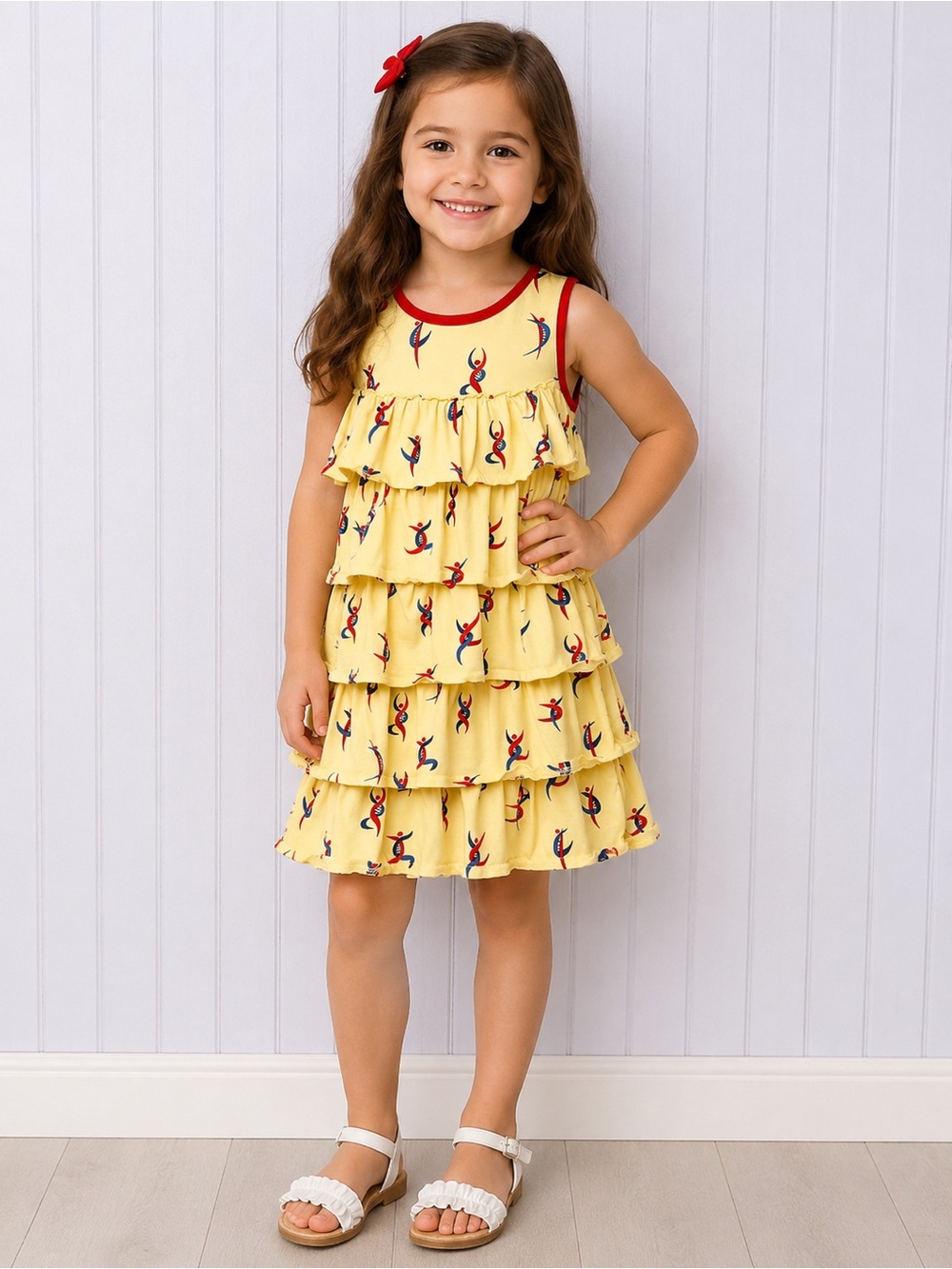 Svaha‎ Organic Cotton Yellow Tiered Ruffle Dress with Red Trim for Girls Size 5T